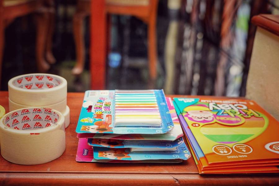 Craft and activity materials set out for the session